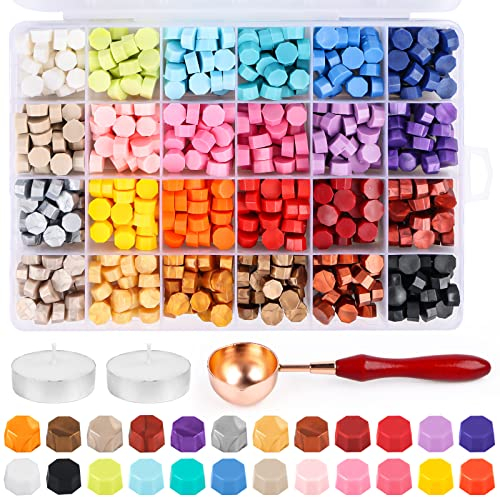 Siegelwachs Set, 24 Farben Achteckig, Siegellack Perlen Mit 2 Wachs Kerzen Und 1 Schmelzlöffel für Wachssiegel Stempel Umschlag Brief Papier Karte Postkarte 600 Stück