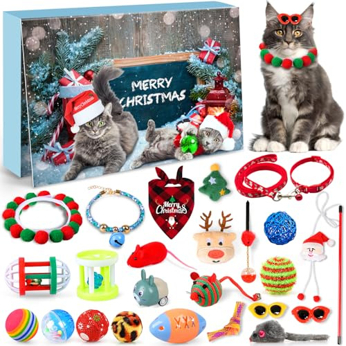 iZoeL Calendario Avvento Gatti Calendario Avvento 2025 Giochi Gatto, Regali di Natale per Gatto, Giocattoli Interazione per Gatti Indoor Outdoor - Collari Campanelli Palline Topolini Guinzagli