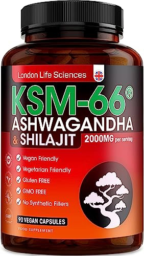 Pure Shilajit & Organic Ashwagandha KSM-66 | 2000mg High Strength Adaptogen Blend | 90 Vegan Capsules (3 Month Supply) | Rich in Fulvic Acid for Energy, Stamina & Vitality | London Life Sciences