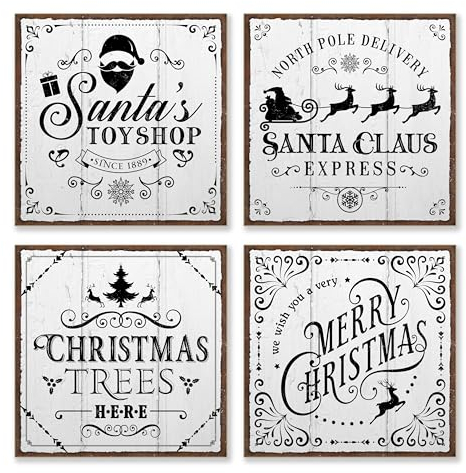 ARTFAVES® Schilder Set - Vintage Weihnachten Schwarz | Weihnachtsdeko Shabby Chic Vintage Holzbilder Collage Wandbilder | Größe: 19 x 19 cm