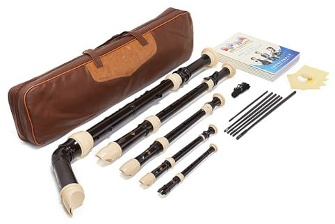 Barockblockflöjt 5 set, superdiskant/tenor/alt/tenor/basset, retrostil, lämplig for nybörjare och proffs att spela, gratis förvaringsväska och rengöringsverktyg