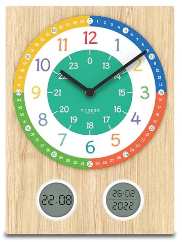 Cander Berlin MNU 11130 T Kinderwanduhr lautlos 35 cm Lernuhr Jungen Mädchen Kinderzimmer ohne Ticken Holzfurnier digital analog