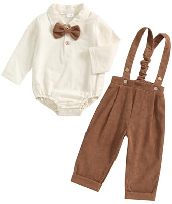 MAHUAOYIXI Newborn Baby Boy Gentleman Suit 0-24M Toddler Infant Boys Fall Winter Outfit Solid Color Long Sleeve Rompers With Bow Tie Shirts and Suspender Pants 2 Piece Clothes Set