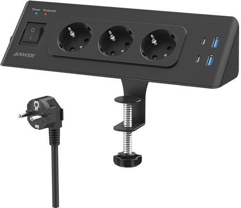 3 Fach Tischsteckdose mit USB C, 7 in 1 Mehrfachsteckdose mit Schalter, Steckdosenleiste Schreibtisch Überspannungsschutz Steckdose mit 2M Kabel für Zuhause Büro