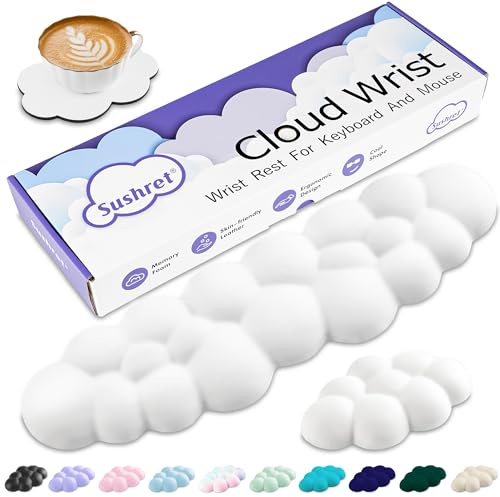 Sushret Cloud Wrist Rest Keyboard, Cloud Keyboard Wrist Pad Set with PU Leather Memory Foam, Cute Arm Rest for Palm Support, PC/Gaming Desk Accessories/Office Setup/Computer Hand Cushion - White