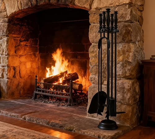 Kingson Ensemble de cheminée 5 pièces – Poignée et support en fonte – Comprend pelle, tisonnier, brosse, pince et support – Outils de cheminée noirs pour feu ouvert ou poêle à bois – Hauteur 54 cm