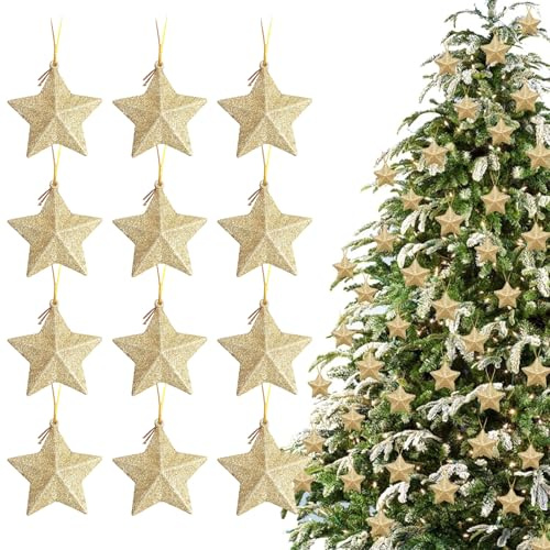 HIGA-JKL 12 stycken gnistrande julstjärnor hänge 7,5 cm guldglitter – okrossbar julgransprydnad stjärnor med snodd för julgran, öppen spis, fönster, bordsdekoration som juldekoration