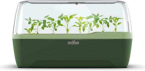 Romberg BoQube L Plus Mini Gewächshaus Anzuchtset & Pflanzkasten mit 10 selbstbewässernden Pflanzzellen, Bewässerungssystem, Zimmergewächshaus für Indoor Kräutergarten, 41×17×23, Green Edition