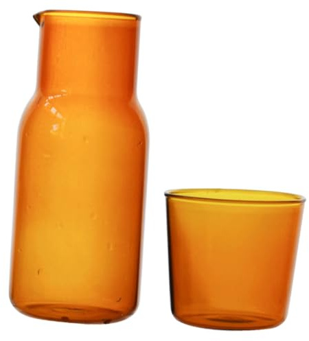 Toyvian Delicate Glass Carafe with Amber Tone Transparent Jug and Cup for Bedroom Tabletop Use Heat Resistant Household Water Pitcher for Tea Coffee Milk