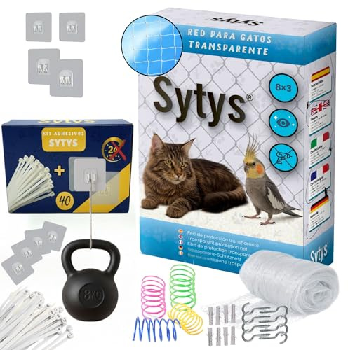 SYTYS Red para Gatos TERRAZA Transparente 8x3m + Kit 40 Ganchos Extra | Pack Ahorro Malla de Seguridad Invisible para Balcón y Ventanas | Instalación Sin Taladro | +4 Juguetes Gratis