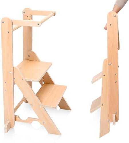 Mechprip Torre de Aprendizaje Montessori, Torre Aprendizaje Plegable con Doble Ajuste Altura, Learning Tower de Madera para Doble Barrera, Patas Antivuelco, Torre Montessoriana Desde 1 Año