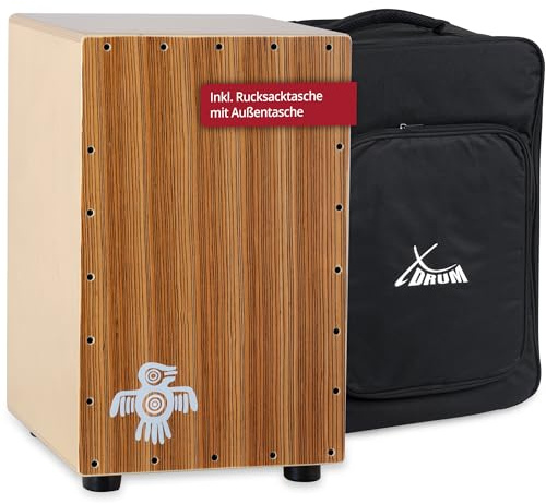XDrum Cajon Peruana Zebrano (plateau de frappe 3 mm, corps en bouleau 9 mm, 48 cm de hauteur, sac à dos inclus)