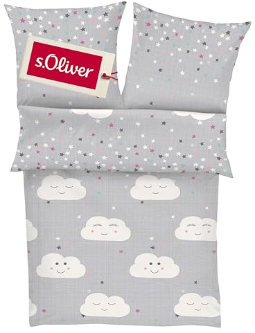 s.Oliver Kinderbettwäsche Wolke 100x135 cm - 100% Baumwolle, praktischer Reißverschluss & maschinenwaschbar, Bettwäsche für Kinder 2tlg. Wölkchen & Sterne grau