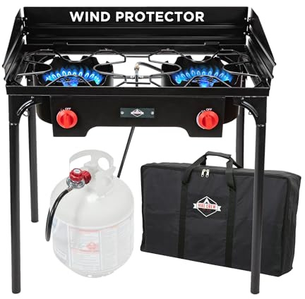 Hike Crew Cast Iron Double-Burner Outdoor Gas Stove | 150,000 BTU Portable Propane Cooktop w/Blue Flame Control, Removable Legs, Temperature Control Knobs, Wind Panel, Hose, Regulator & Storage Case