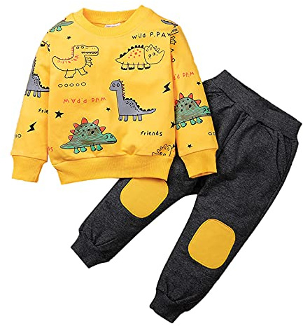 amropi Ragazzi Tuta Dinosauro Stampato Felpa e Jogging Pantaloni 2 Pezzi Completo Bambino Set Giallo Nero, 3-4 Anni