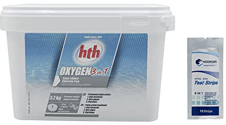 HTH Oxygen 3 en 1 Galet Multi Fonction 200g - 3,2kg | Oxygène Actif Multiaction - Désinfection Régulière Multifonction - sans Chlore - Dissolution Lente + 10 Tests HPS OFFERTS 6 en 1