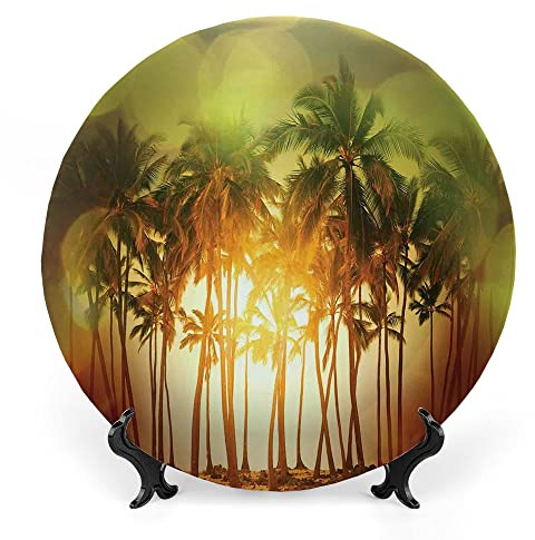 LIGUTARS Decorative Plates, Ocean Print Ornament, Mystical Tropical Palm Coconut Trees in Gradient, 10 Inch, Kitchen Wall Decor, Green Orange Red