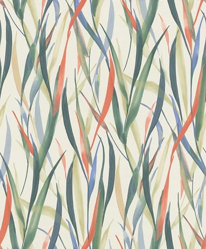 Rasch Tapet 330229 – non-woven tapet med växter och gräs i blått, grönt, rött, beige från Paraiso-kollektionen – 10,05 m x 0,53 m (L x B):