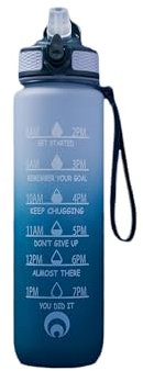 1 Litre Water Bottle, Pop Up Straw Leakproof Lock Cover BPA Free Tracker Motivational Time Marker Sports Drink Bottle For Fitness, School, Gym, Sports (Navy)