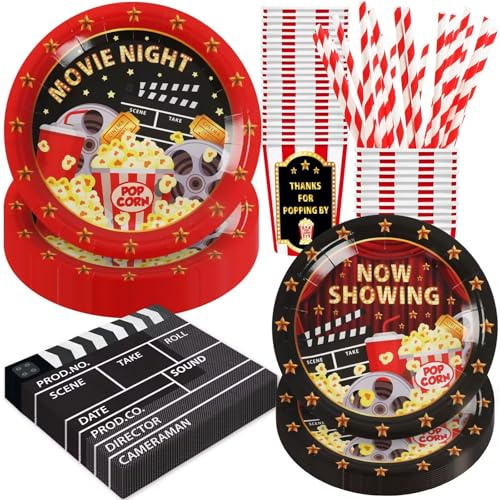 BOIKOKY Decoración de fiesta de cumpleaños de noche de cine, 120 piezas de suministros temáticos, incluye platos y servilletas