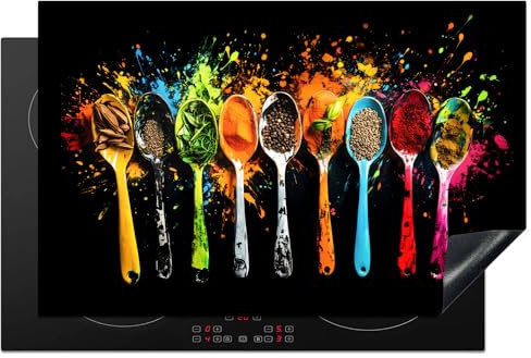 KitchenYeah© Protege Plaque Induction 80x52 cm Decoration Cuisine Tapis de Protection Pour Plan De Travail Cuisson Protégé Cuillères - Épices - Modern - Graffiti - Coloré