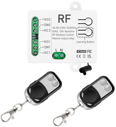 Relè telecomando con interruttore di controllo remoto 433 MHz 220 V 230 V 2 canali, ricevitore con 2 trasmettitori di telecomando, potenziale libero contatti Controller