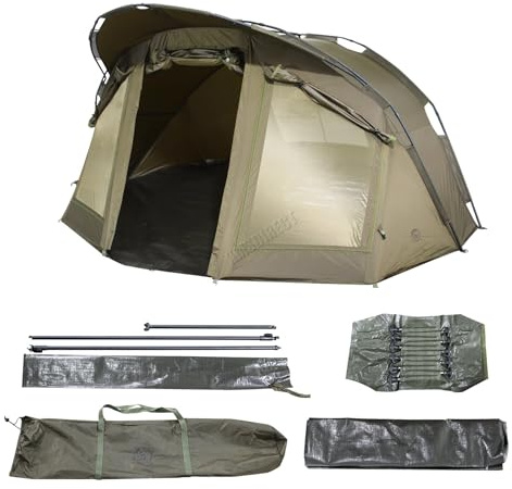 CARPZILLA Tenda da pesca per 2 persone, con porta e finestre, impermeabile, telaio in alluminio PU 210D, portatile, per esterni, campeggio, pesca, riparo, attrezzatura per la carpa, telo da terra,