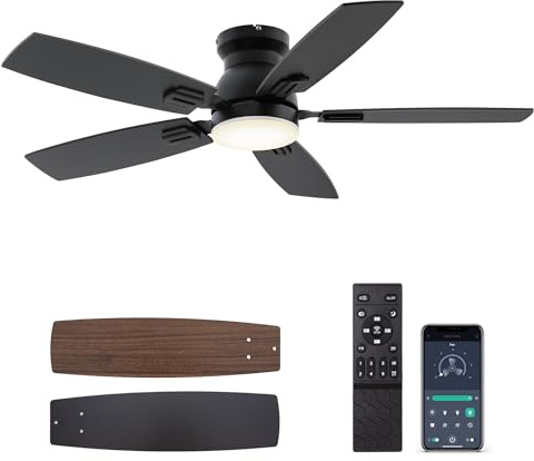 SUNMORY 42 Ceiling Fans with Lights and Remote/APP Control, Low Profile Ceiling Fan with Light, Reversible, Quiet 6 Speeds, Stepless Dimmable, Flush Mount Ceiling fan for Bedroom Indoor/Outdoor Use