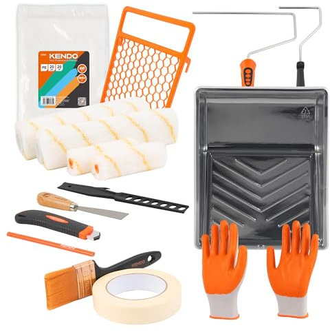 KENDO Malerset 19-teilig - Alles in einem Set - Farbroller Wandfarbe klein & groß mit Farbwanne & 3 Inlays zum Wechseln, Kreppband, Handschuhe, Pinsel und vieles mehr. Das kompletteste Streichset