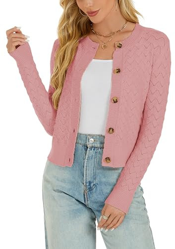 Enjyam Damen Strickjacke Elegant Langarm Rundhals Cardigan Leicht Bolero Jäckchen mit Knöpfe Weiche Strickweste Lachsrosa,XL