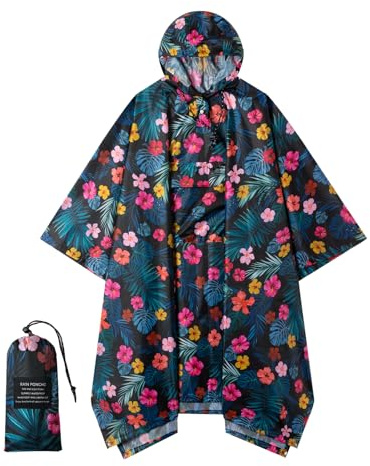 Rian c0de731 Hooded Rain Poncho for Adults - Waterproof Rain Coat and Lightweight Jacket 3-in-1 Multi-Function with Pockets, Black and Red Flowers