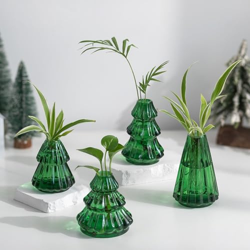 Hewory Small Vase for Christmas Decorations: 4 Plant Propagation Station Green Vase for Christmas Table Decoration - Propagators for Plants Bud Vases Glass Vases for Flowers Xmas Decorations Gifts