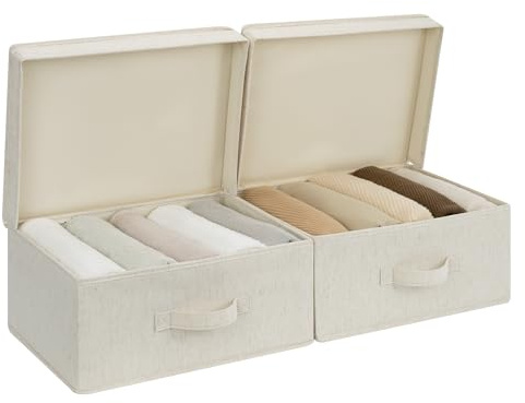 StorageWorks Storage Bins with Lid, Decorative Fabric Storage Bins with Handles, Stackable Closet Organizers for Shelves and Bedroom, Small, Beige(Natural Fabric), 2-Pack