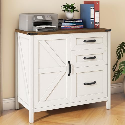 BonVache Lateral Filing Cabinet with 3 Drawers, Farmhouse File Cabinet Home Office Wood Printer Stand, Rustic White for A4/Letter Suspension Files