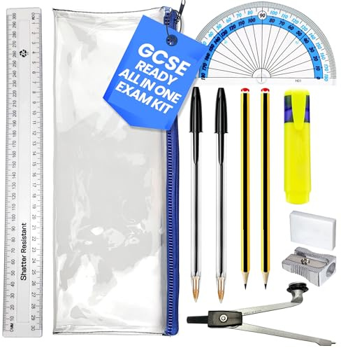 Verlo GCSE Stationery Set with Clear Exam Pencil Case, Maths Geometry Bundle, Compass, 180 Degree Protractor, 30cm Ruler, HB Pencils, Pens, Highlighter, Eraser, Sharpener, Back to School Kit