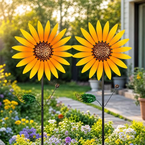 WRQIOO 2PCS 95cm Windrad Garten Sonnenblume, Windmühle Garten Sonnenblume, Sonnenblum-e Windrad Metall mit Metallpfahl & Dia 25.5cm für Yard Balkon Terrasse Rasen Decor