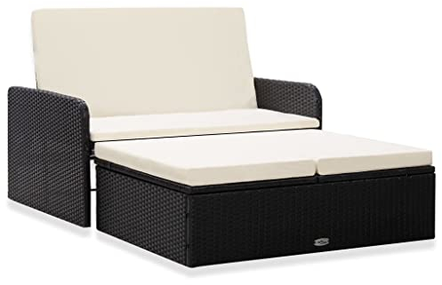 vidaXL Gartenmöbel 2-TLG. mit Auflagen Lounge Garten Sofa Fußhocker Hocker Sitzgruppe Gartenset Gartensofa Garnitur Poly Rattan Schwarz