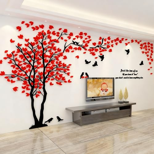 Albero Adesivo da Parete, Alberi e Uccelli 3D Adesivi Murali Arts Wall Sticker Decorativi per TV Par, Camera da Letto, Sala, Ufficio (Rosso Sinistra,M-250 * 130cm)
