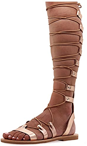 Emmanuela Sandalias de cuero de rodilla alta en estilo griego antiguo, Sandalias de gladiador planas hechas a mano con dedos abiertos, Zapatos de verano para atar