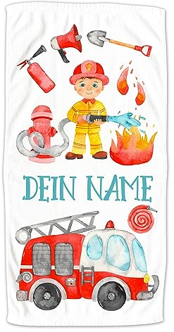 GRAZDesign Feuerwehr Kinder Handtuch mit Namen Badetuch für Jungen von 2-10 Jahren Strand / 140x70cm Feuerwehrmann