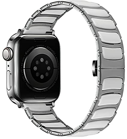 MaKTech Keramiskt Band,Tunt Rostfritt Stål Inlagt Keramiskt Länkarmband,för Apple Watch Serie 11/10/9/8/7,Ultra 3/2/1,SE 3/2/1 [2025] (46mm/45mm/44mm/49mm,Silver-Vit)
