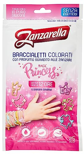 Zanzarella, 25 pulseras antimosquitos Magic Princess 100% de silicona reciclable con repelente de mosquitos a base de aceites naturales, activos hasta 12 horas, con 5 diseños de colores, talla única