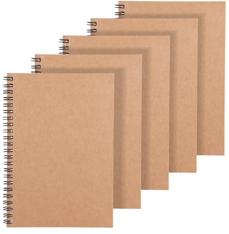 Zuimei 5 Pack Spiral Notepad A5, Kraft Cover 120 Pages Lined Notebook | Wirebound Journals A5 Spiral Notebook, 360 Degree Rotated Notepad Bulk, Sketch Book for Drawing School Office Travel
