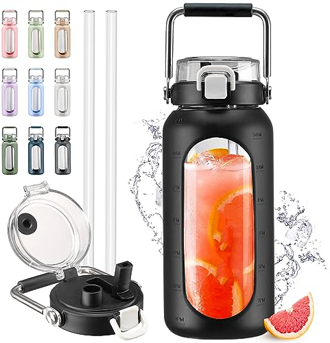 HYDRAGLAZIC 1900ML Glastrinkflasche mit Strohhalm und Edelstahlgriff, Wasserflasche glas mit Silikonhülle und Zeitmarker, Berwachung Ihrer täglichen Trinkflasche 2 liter,Schwarz