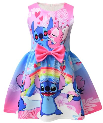 Girls Stitch Casual Dress Summer Toddler Princess Flower Double Bow Tie Wedding Party Kids Sundress Short Dresses (UK, Age, 5 Years, 6 Years, Regular, Pink)