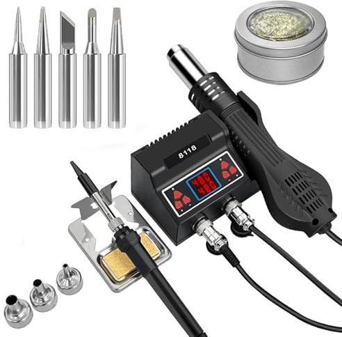 JAOGAUS 2 in 1 Hot Air Soldering Station, 700W LED Digital Soldering Iron Station Kit with 5 Extra Soldering Tips and 3 Hot Air Nozzles, Adjustable Temp Rework Station Hot Air Gun Fast Heating UK Plug