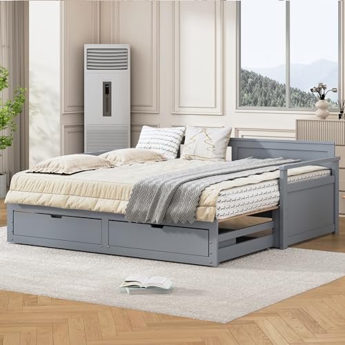Soweiz Sofá cama 90 (180) x 190 cm, cama de día multifuncional dos en uno con cama de pino, cajones y cama nido (gris)