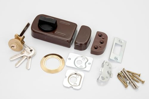 Kastenschloss, Türzusatzschloss, Zusatzschloss 50/60 mit Außenzylinder, Drehknauf, 3 Farben: Weiss, Braun, Graphit, Türschloss mit 6 Schlüsseln, Kastenzusatzschloss, Hergestellt in EU (Braun)