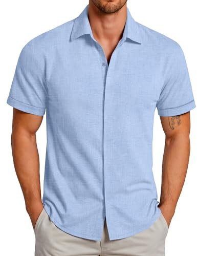 GLESTORE Chemise Homme Manches Courtes Chemisette Casual Confortable Chemises Regular Fit Bleu Clair XL
