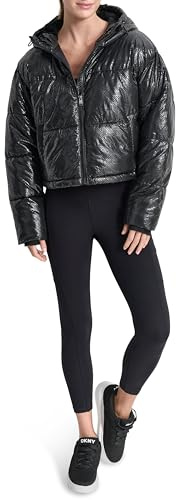 DKNY Women's Embossed Crosswalk Print Cropped Puffer Jacket, Black, Small